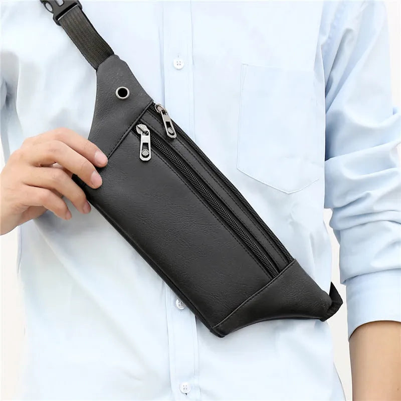 Men's black PU leather crossbody bag with breathable lining for outdoor running and commute