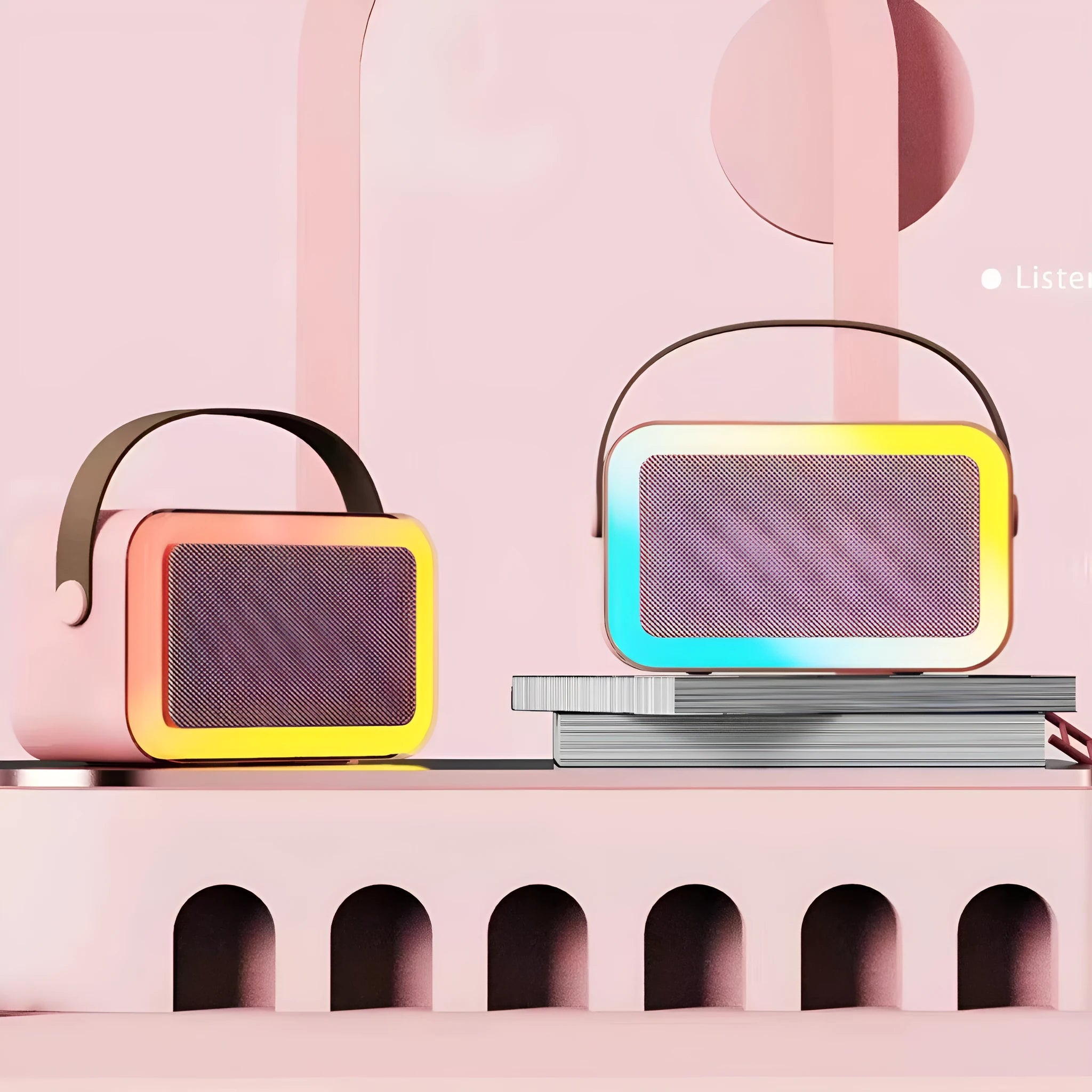 White, pink, or sky blue portable Bluetooth karaoke speaker with microphone and coloured LED lights.