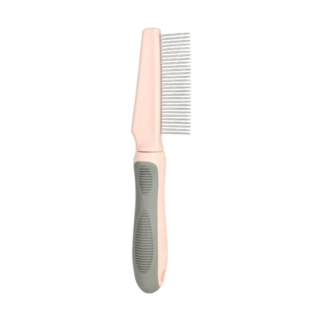 Pet grooming comb set showing three comb types with dense, high/low, and sparse needles on rubber handles
