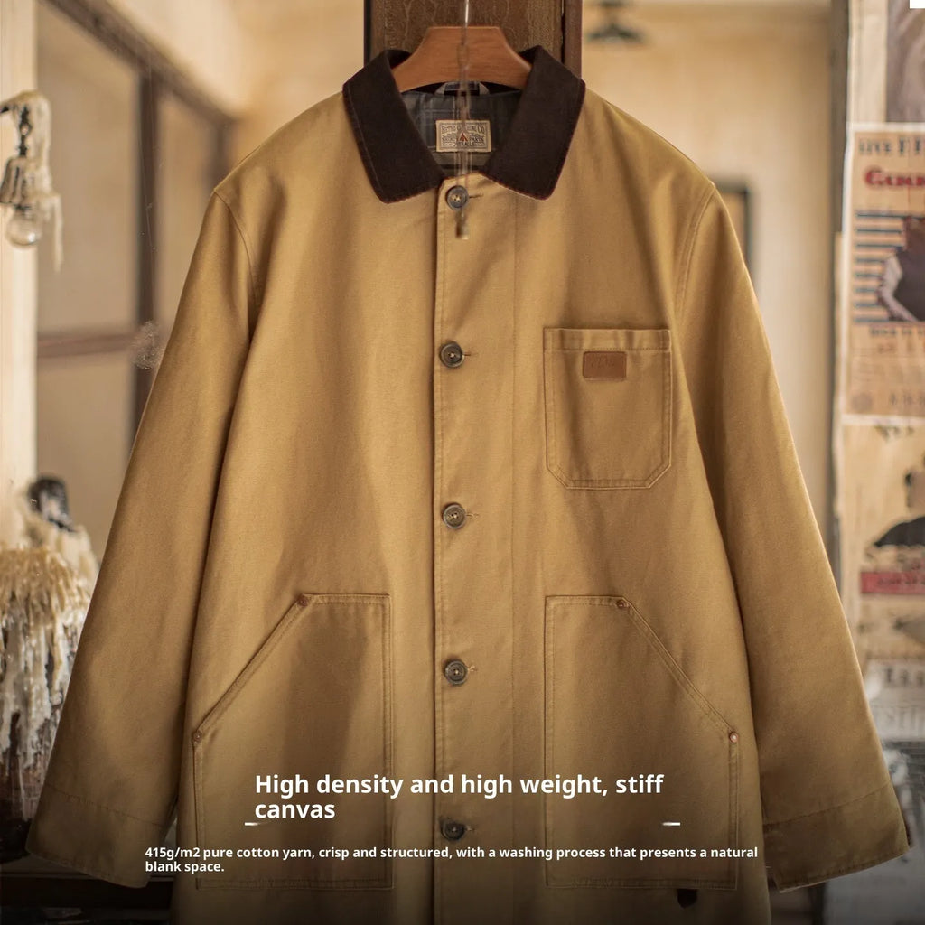 Men's cotton khaki mid-length trench coat with loose fit, front view
