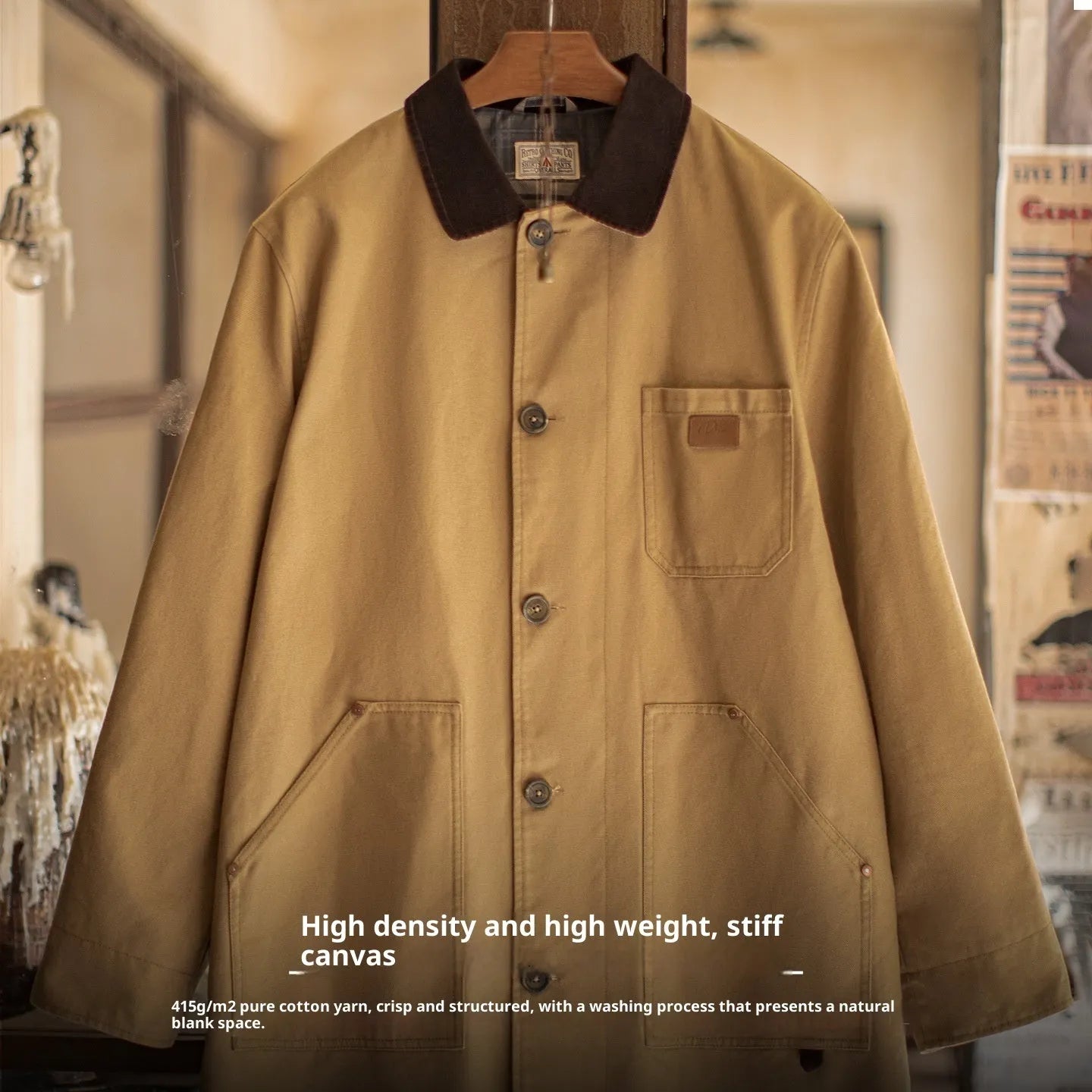 Men's cotton khaki mid-length trench coat with loose fit, front view