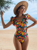 Women's one-piece swimsuit with U-shaped collar and lace trim in sleeveless polyester design