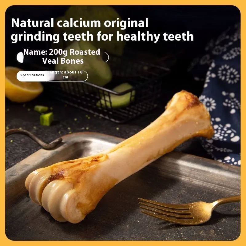 High-calcium dog molar chew toy in roasted ox bone flavour, shown in large, medium, and small sizes.