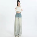 Women's gradient blue straight-leg wide-leg denim trousers laid flat.