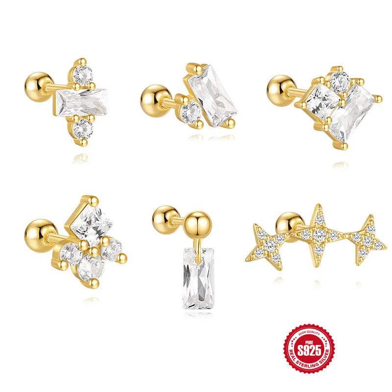 S925 sterling silver red flower stud earrings with square gravel detailing in gold tone