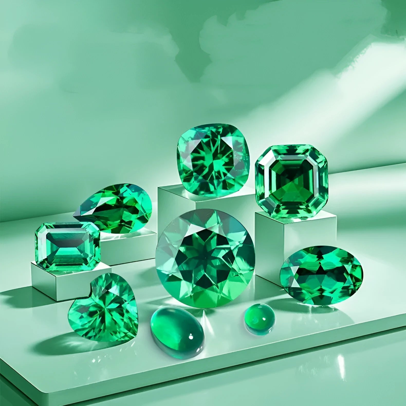 Cultivated emerald gemstone in Columbia green treasure colour on a white background.