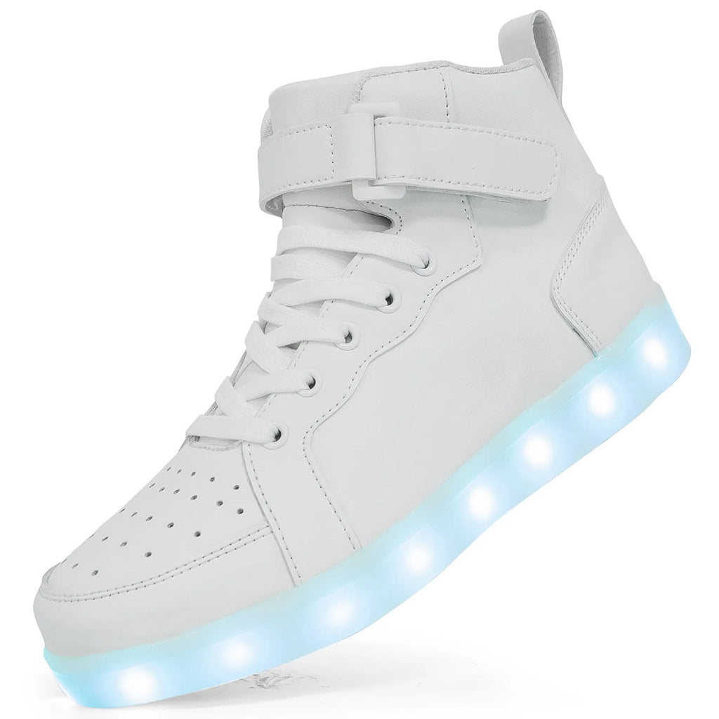 Black LED light-up high-top skate shoes with Velcro straps and glowing soles.