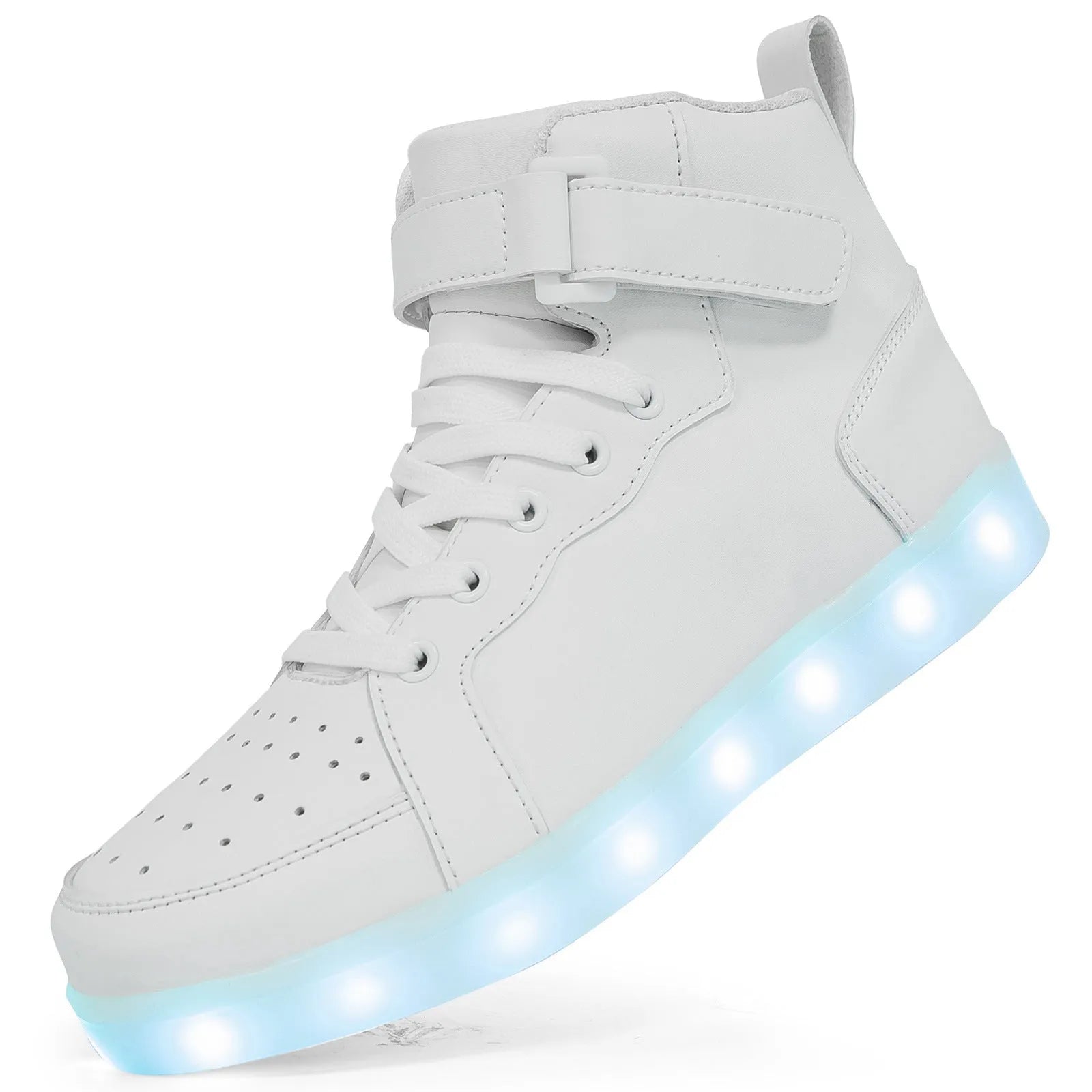 Black LED light-up high-top skate shoes with Velcro straps and glowing soles.