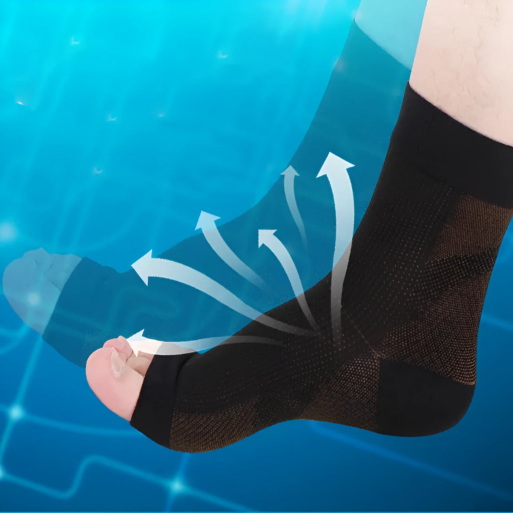 Nylon anti fatigue compression foot sleeve ankle support with straps and heel hole, in black, white or red.