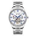 Men's stainless steel mechanical watch with sapphire crystal glass and leather strap