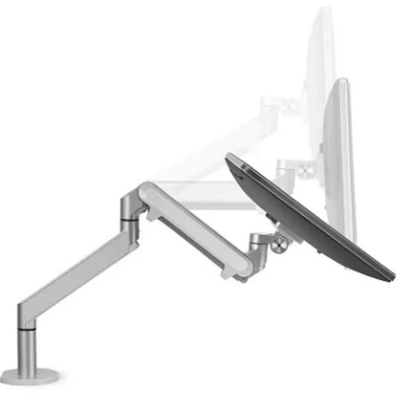 Aluminium laptop stand with adjustable arm bracket in silver colour on desk