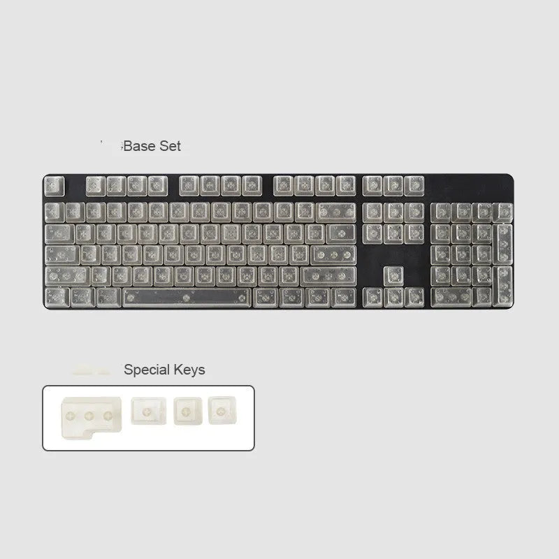 Transparent PBT mechanical keyboard keycaps in orange, white, blue, and black colours showing light transmission