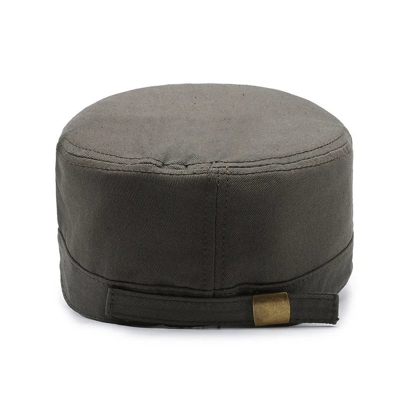 Men's flat-top peaked cotton cap in army green with an extended peak and adjustable back strap.