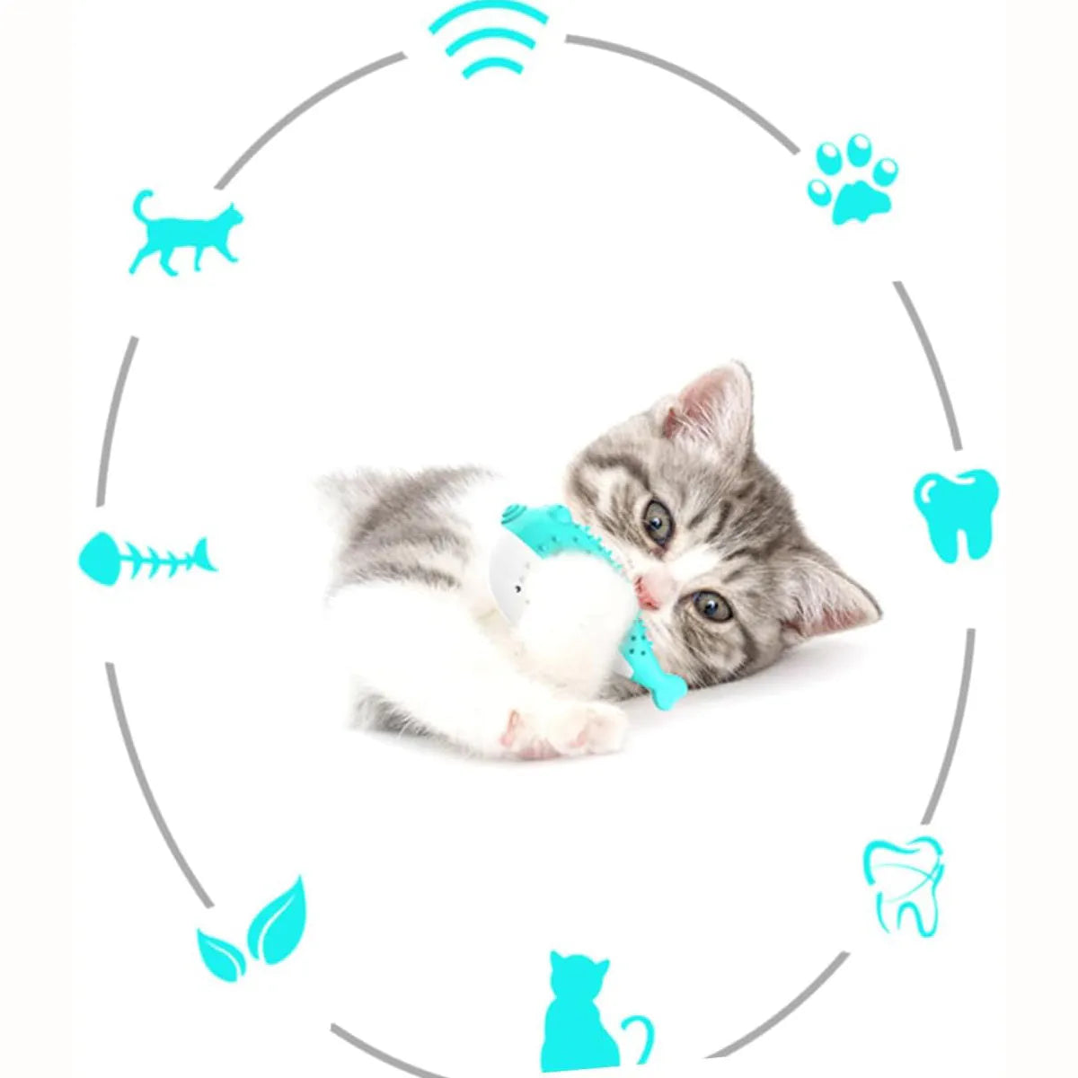 Silicone fish-shaped cat chew toy in selected colour with textured surface for dental cleaning and grabing play