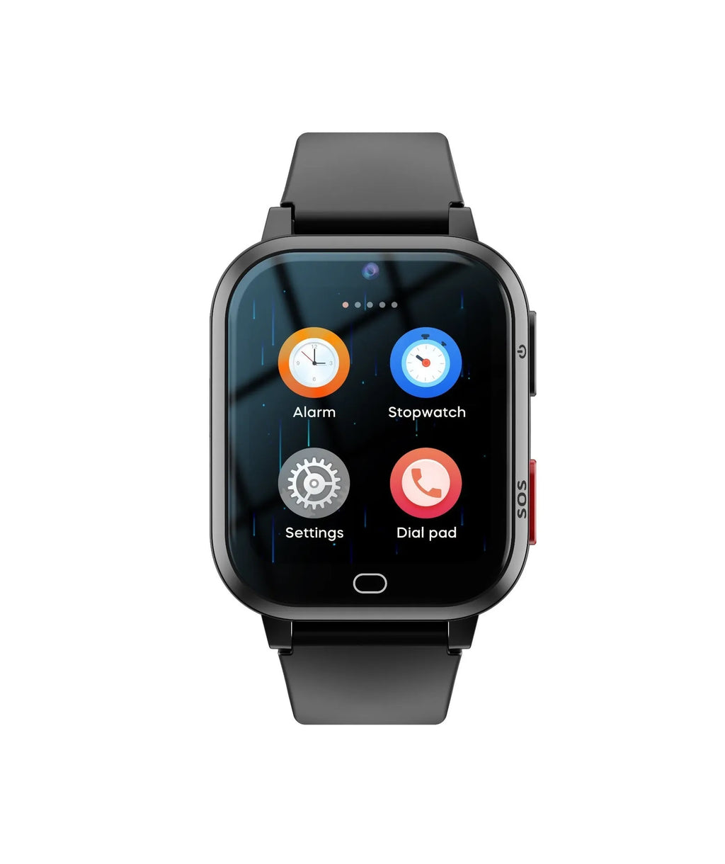 Child smart watch phone in black, blue, and pink colours with 1.83-inch screen and wrist strap