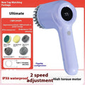 USB rechargeable electric cleaning brush in light grey or purple colour with multiple cleaning head attachments
