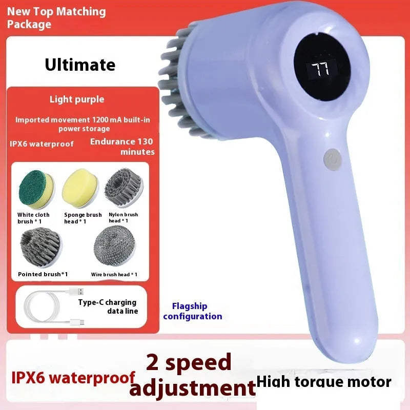 USB rechargeable electric cleaning brush in light grey or purple colour with multiple cleaning head attachments