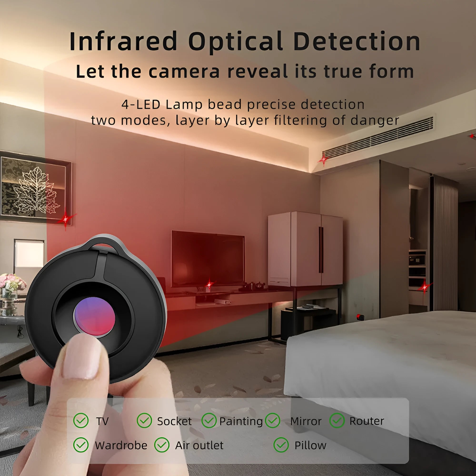 Compact infrared camera detector with filtering lens for hidden camera detection up to 5 metres.