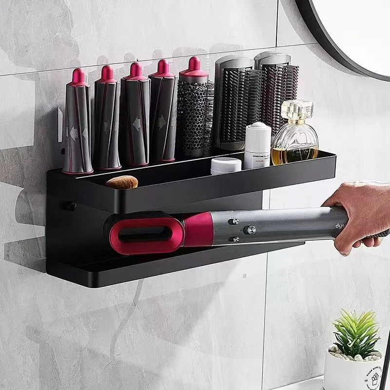 White double-layer aluminium punch-free wall rack holding Marcel Waver curling irons.