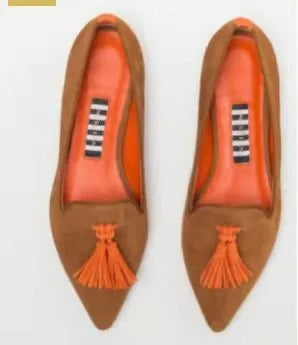Women's low-cut pointed-toe colourblock tassel flat shoes in Brown Green, canvas upper, rubber sole