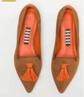 Women's low-cut pointed-toe colourblock tassel flat shoes in Brown Green, canvas upper, rubber sole