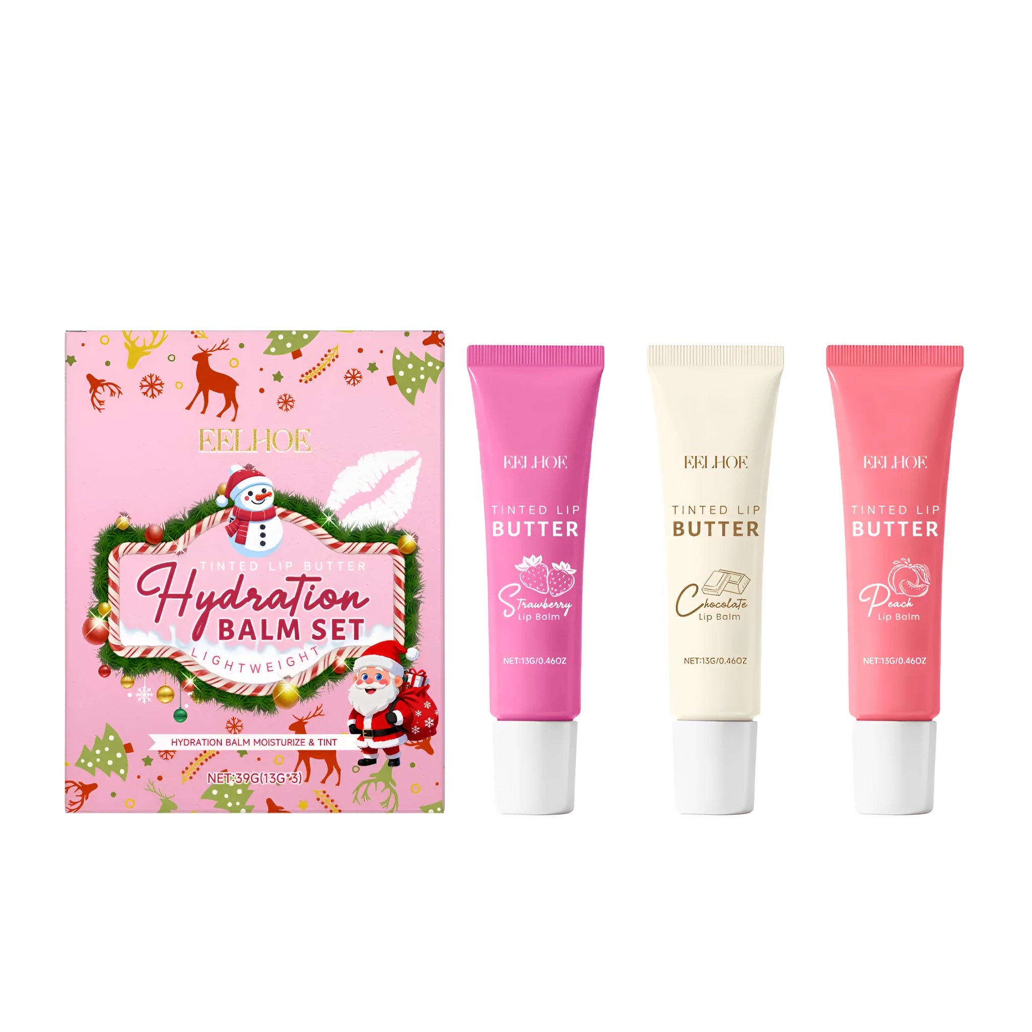 Set of three tinted lip balms in strawberry, chocolate, and peach flavours, each 13g, total 39g