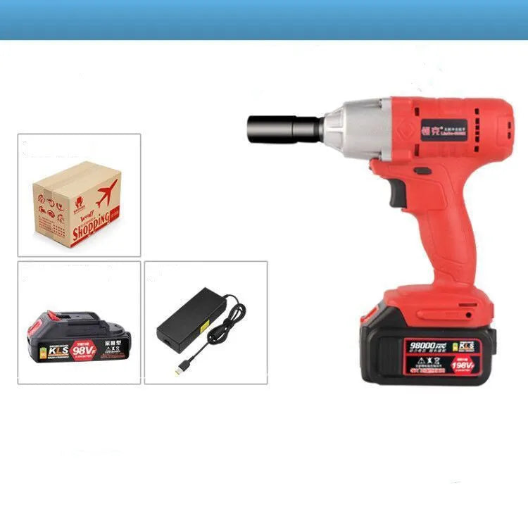 Brushless electric wrench with 20V lithium battery and charger on a workbench