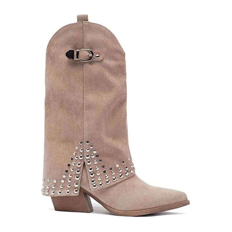 Women's pointed knight boots in suede with mid heel, black leather colour, side view
