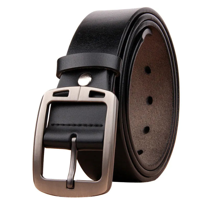 Genuine leather retro men's belt with alloy pin buckle, black colour, 120cm length, on plain background