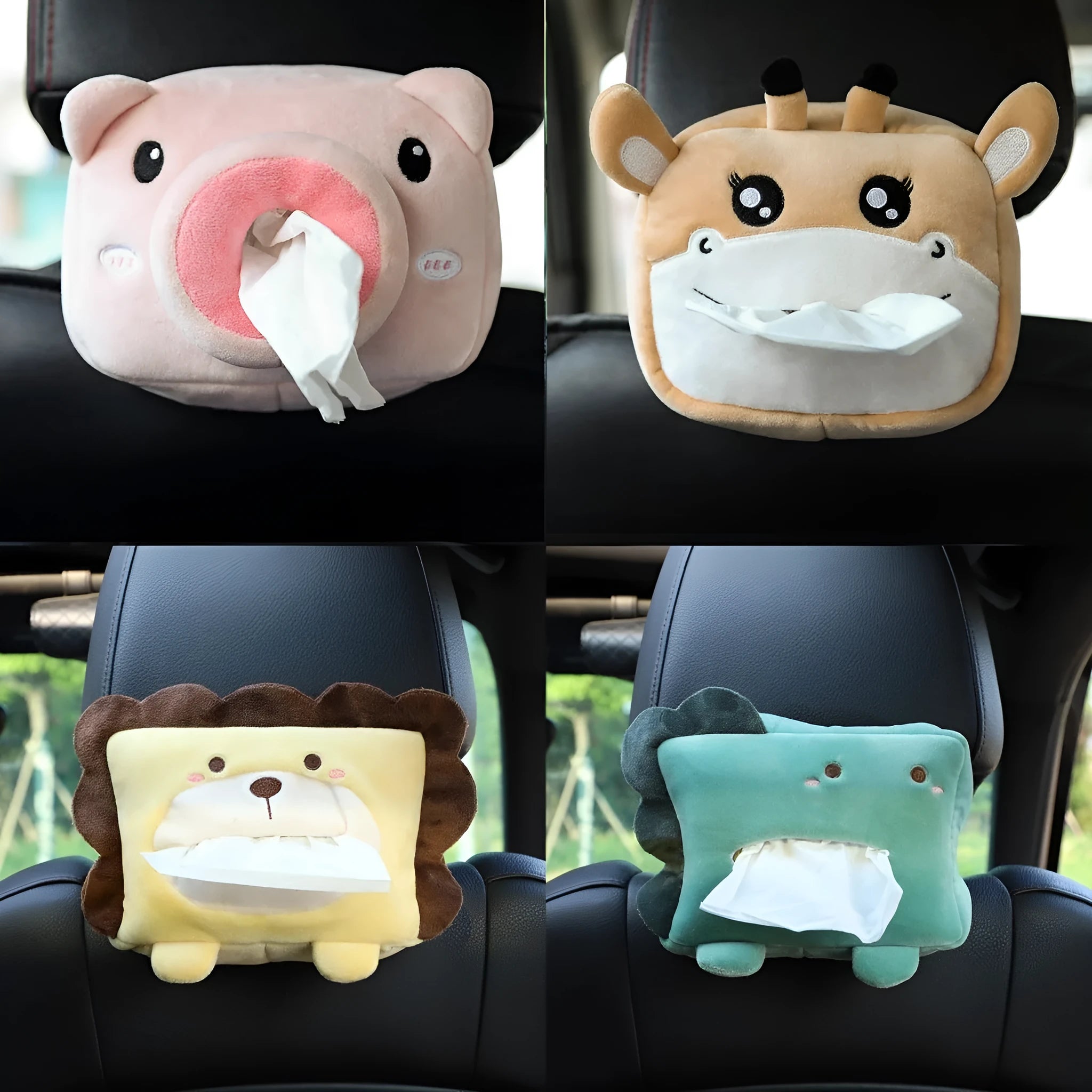 Hanging plush cartoon tissue box with elastic strap for car armrest or office chair mounting