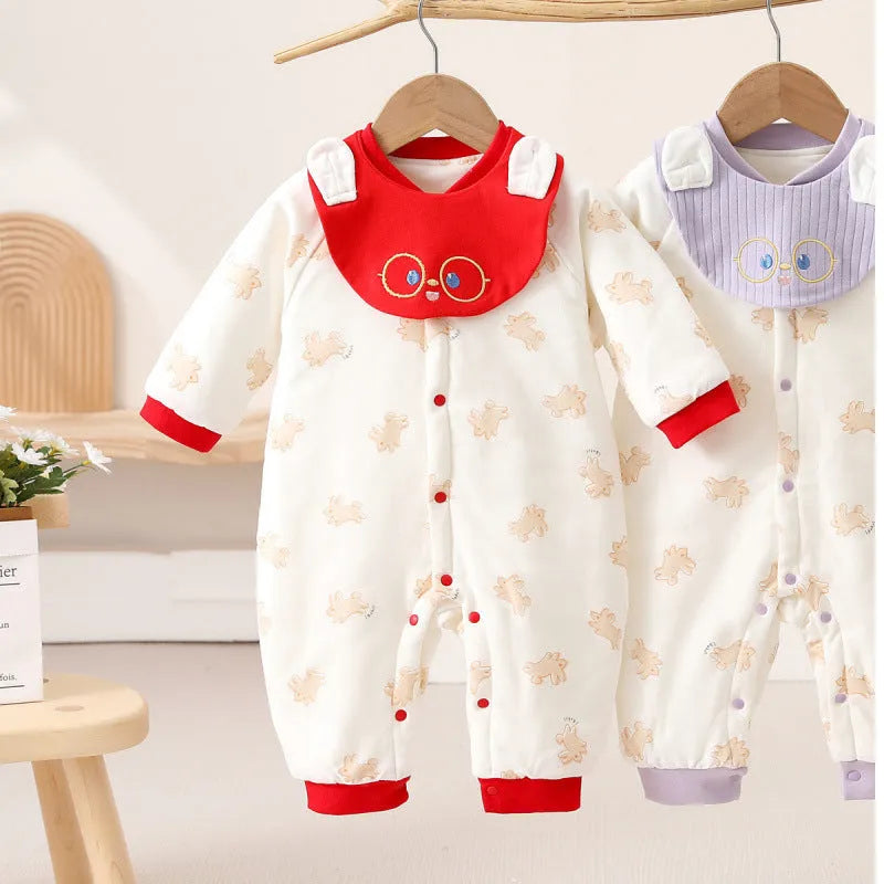 Baby quilted jumpsuit three layers warm winter long sleeve cotton cloth rabbit fur casual grow suit in bear world blue