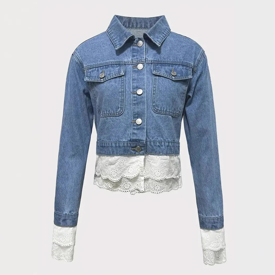 Blue women's denim jacket with white lace stitching detail on the front and sleeves.