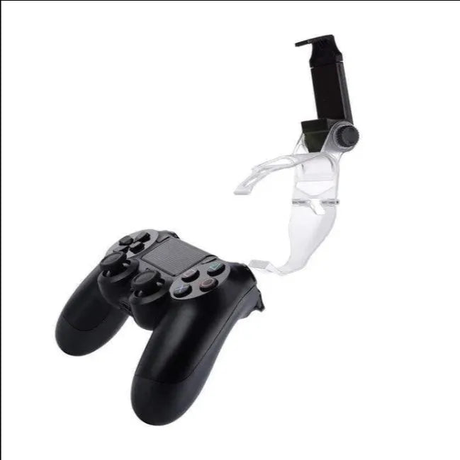 Black PS4 DualShock controller clip holding a mobile phone, with a Micro USB OTG cable for connection.