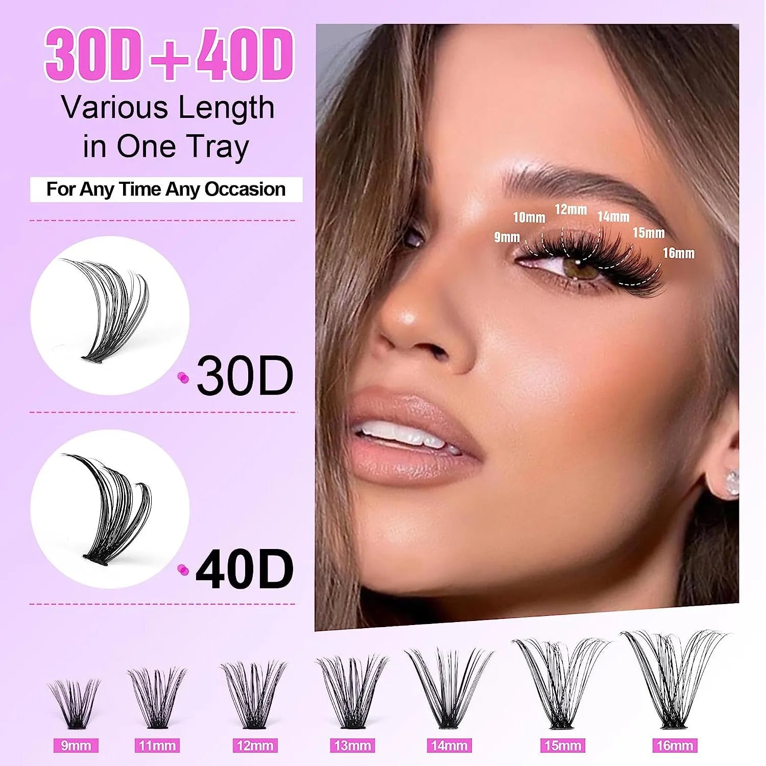 DIY mixed package of 30D and 40D cluster false eyelashes with tweezers, lengths 9-16mm