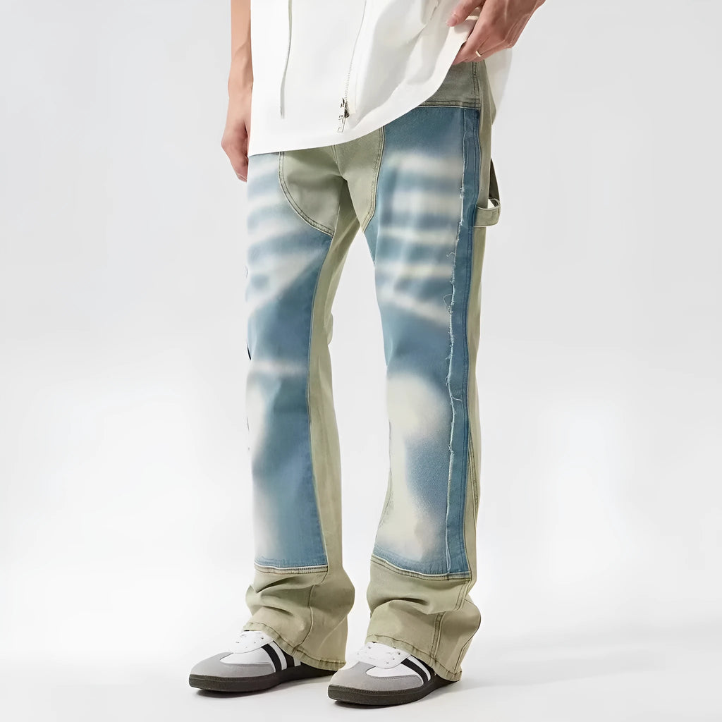 Yellow and blue retro patchwork splash-ink damaged design jeans with a zip fly.