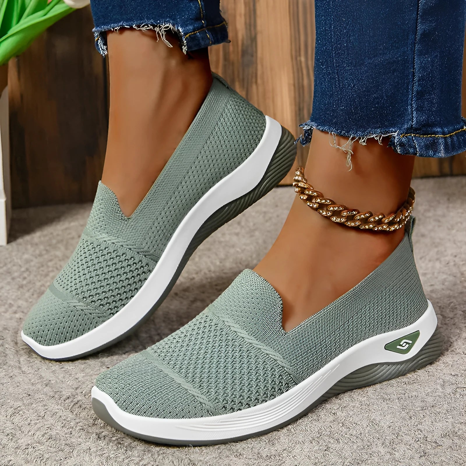 Ladies soft bottom Old Beijing cloth shoes with Flyknit upper, round toe, low heel, shallow mouth – beige colour option