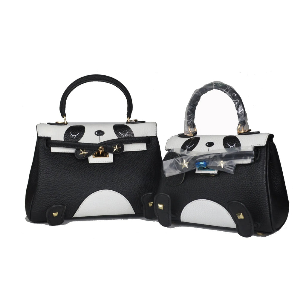 Black and white panda print square leather handbag with horizontal silhouette and structured cowhide body.