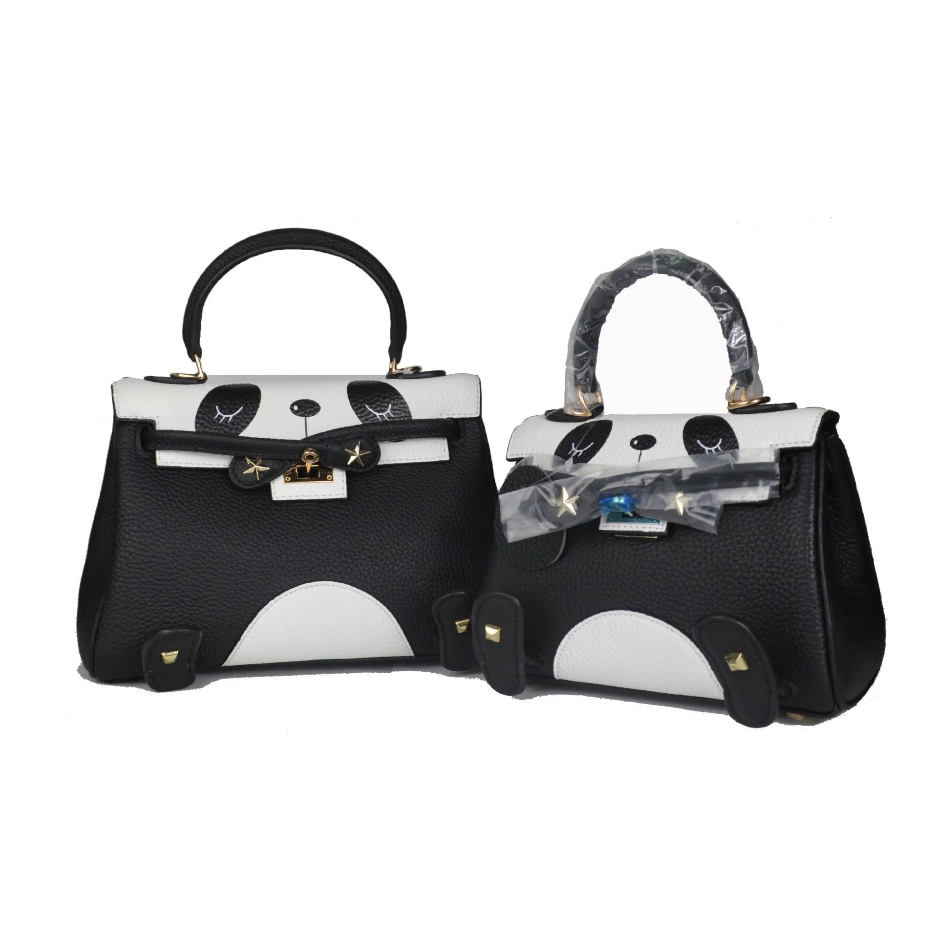Black and white panda print square leather handbag with horizontal silhouette and structured cowhide body.