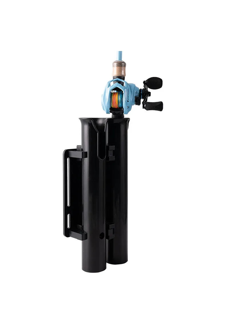 Black plastic fishing rod rack for bicycle and motorcycle mounting with clamp attachment