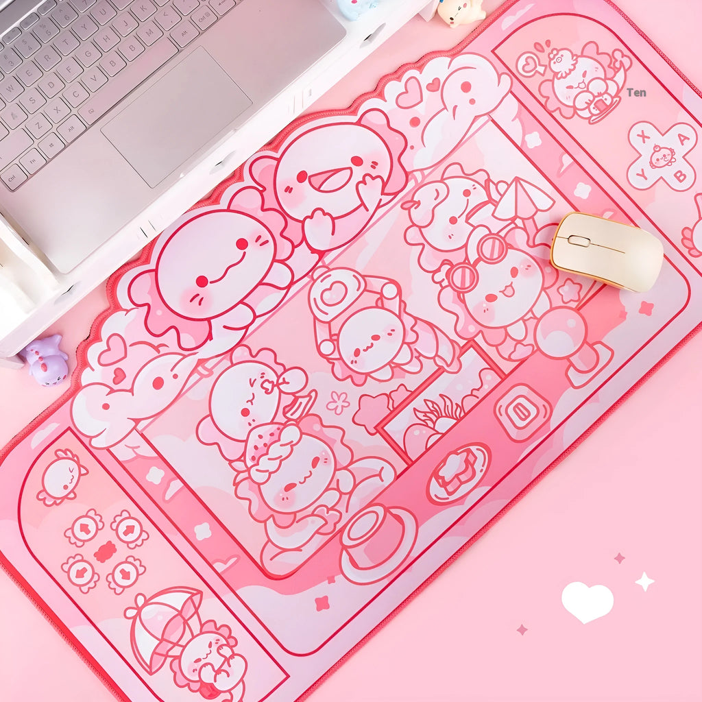 Large grey cloth mouse pad with cartoon anime hexagonal dragon crane machine print and a black wrist strap.