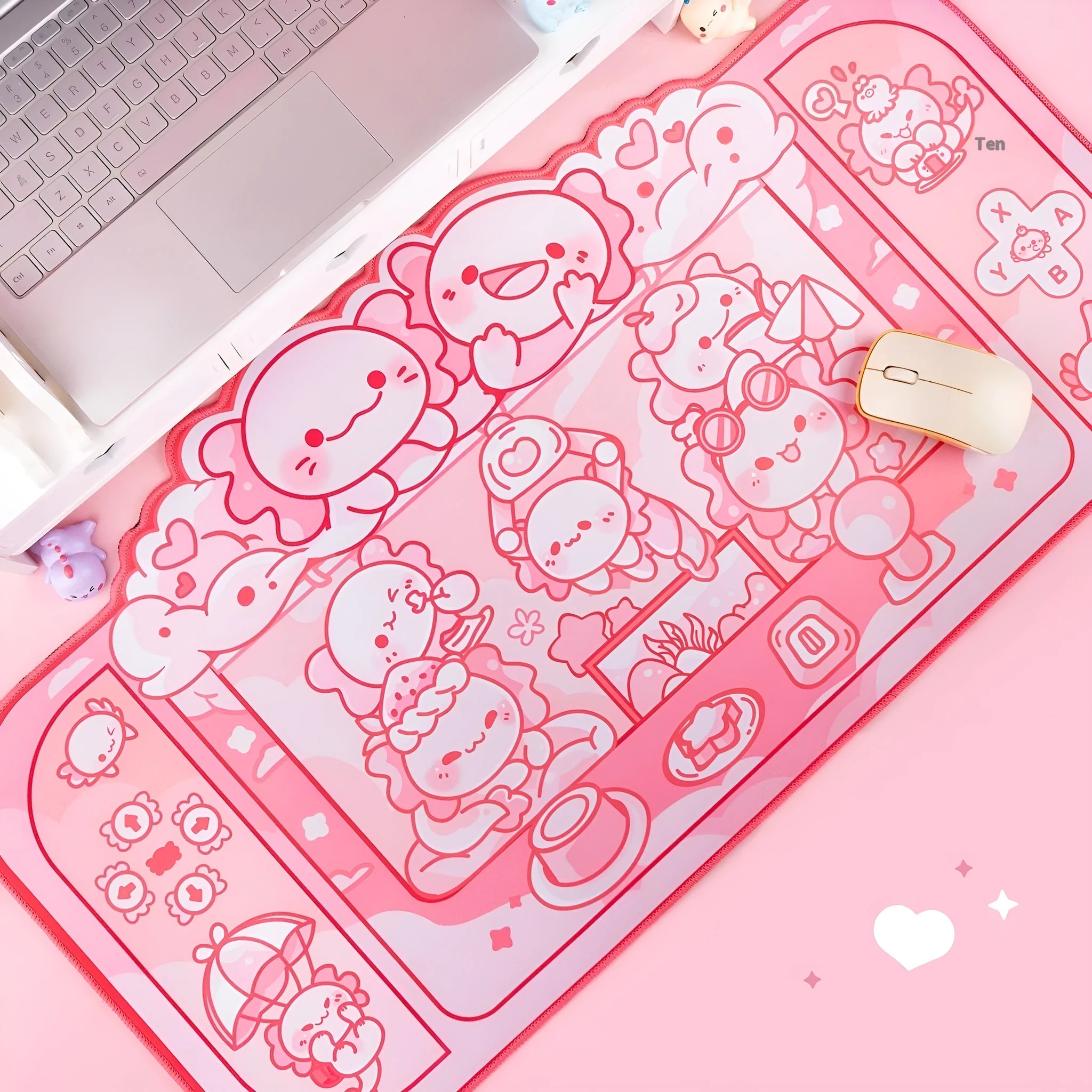 Large grey cloth mouse pad with cartoon anime hexagonal dragon crane machine print and a black wrist strap.