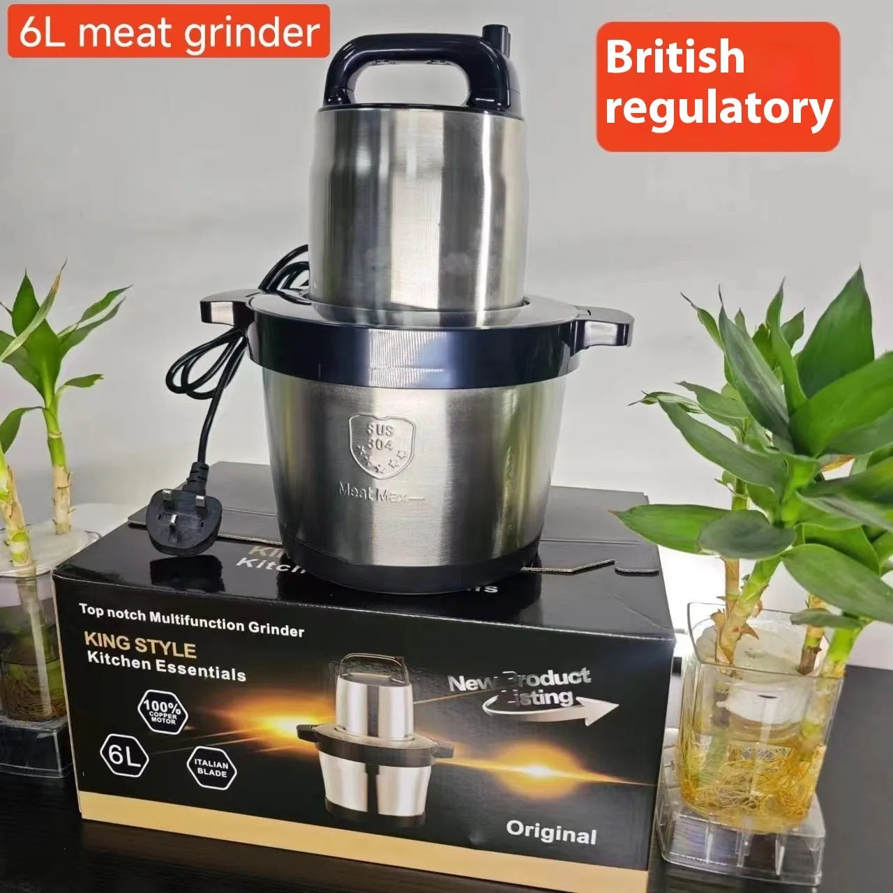 Stainless steel 6L semi-automatic meat grinder with UK plug on kitchen counter