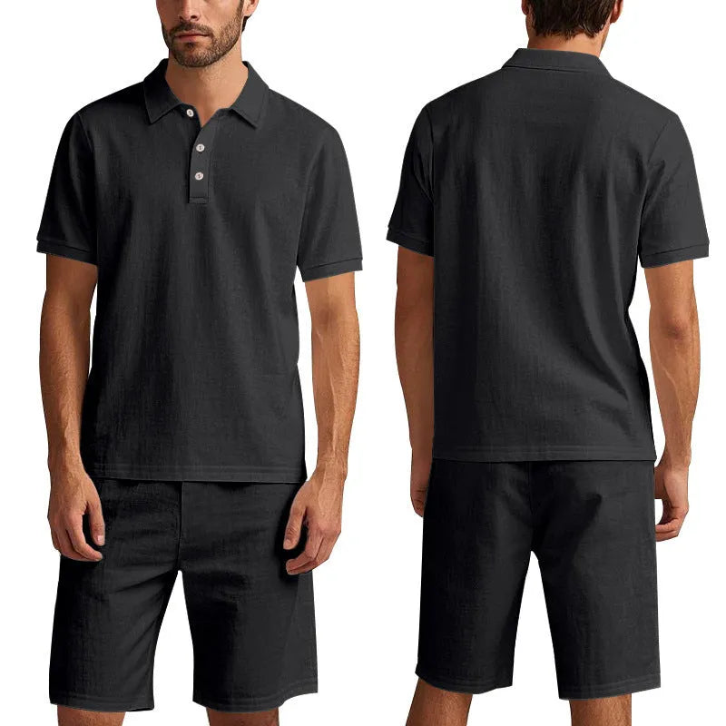 Men's loose linen blend summer suit set in apricot colour, showing short sleeve shirt and matching shorts.