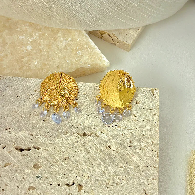 Gold geometric earrings with round elements for women, electroplated metal construction