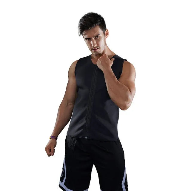 Black fitness sweat zipper vest with full zip front, chlorofibre nylon blend