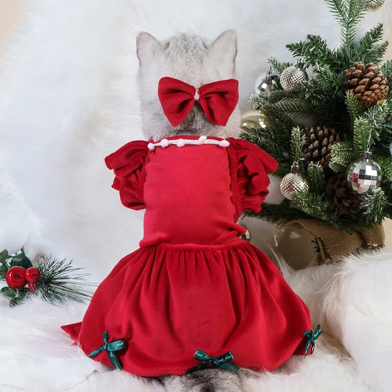 Red velvet pet Christmas dress with matching headdress flower for small to large dogs