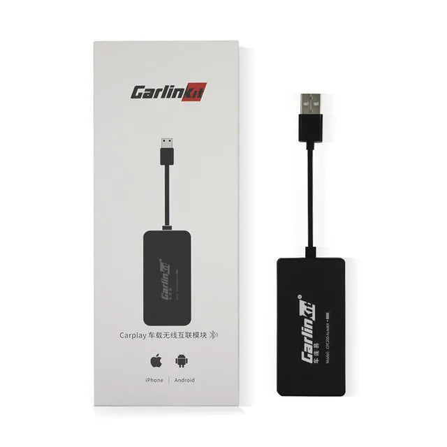 Black wireless CarPlay USB dongle for connecting iPhone to Android car stereo.