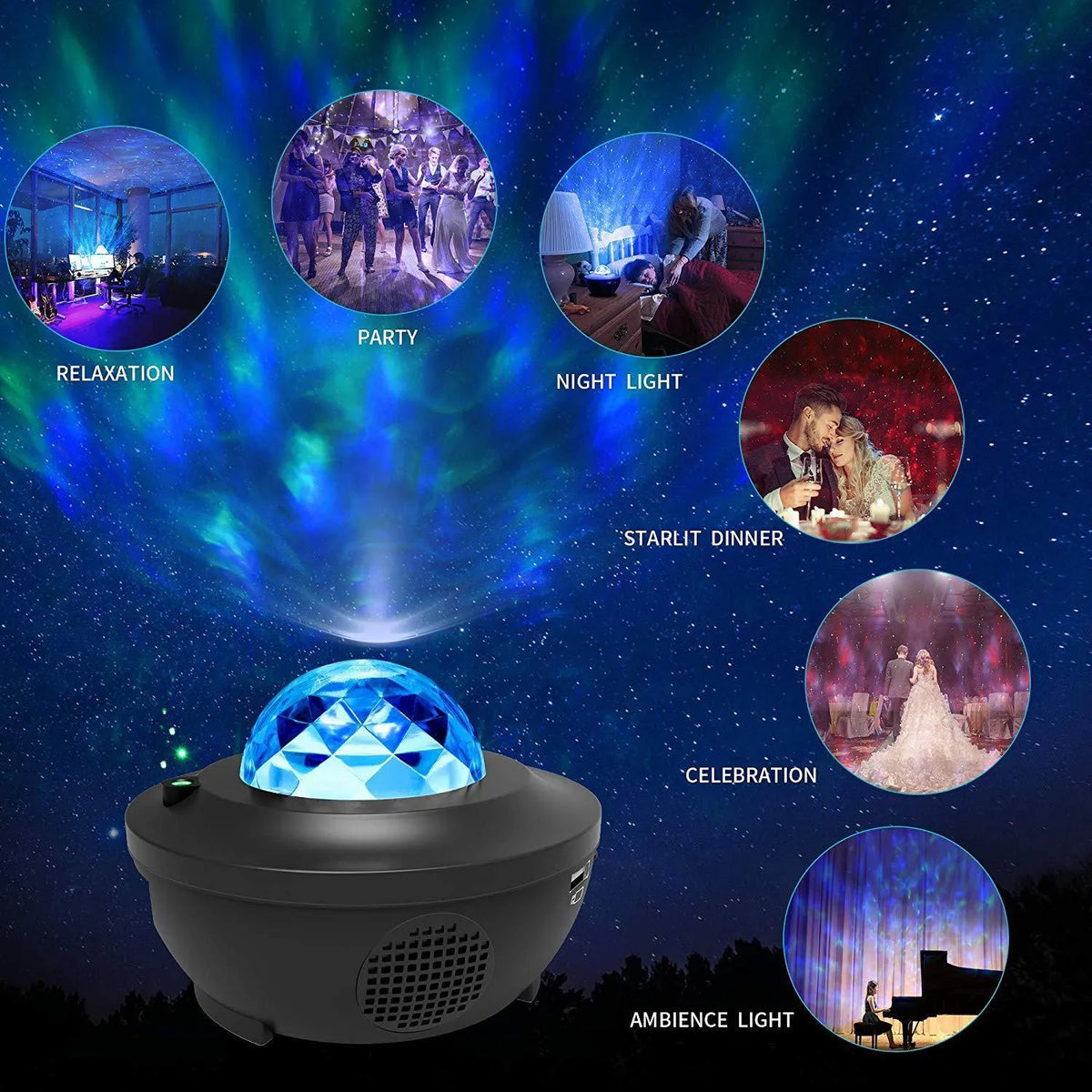 Round LED starry sky projector night light, 110mm, remote control and USB charging, black or white