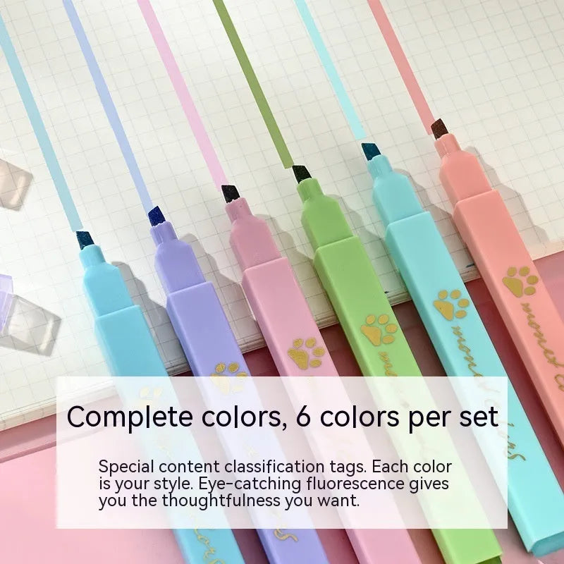 Cat's Paw fluorescent marking pen set showing six coloured pens with oblique heads in a box.