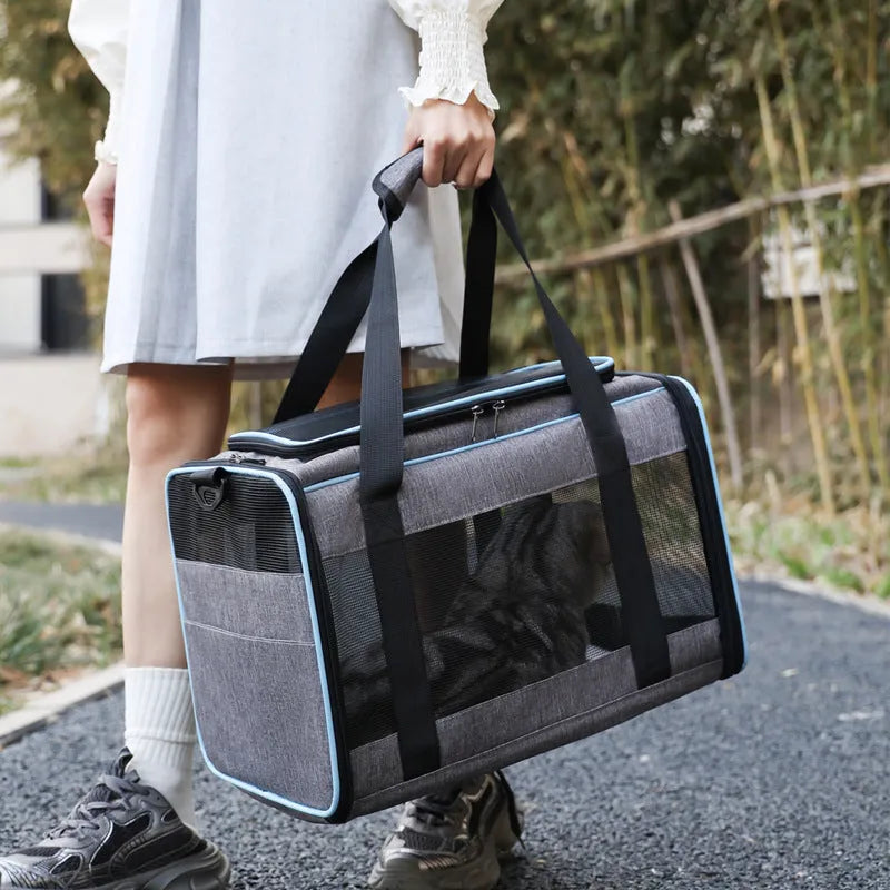 A grey portable pet carrier bag with blue edge trim, made from Oxford fabric, shown with dimensions of 44cm long by 29cm wide.